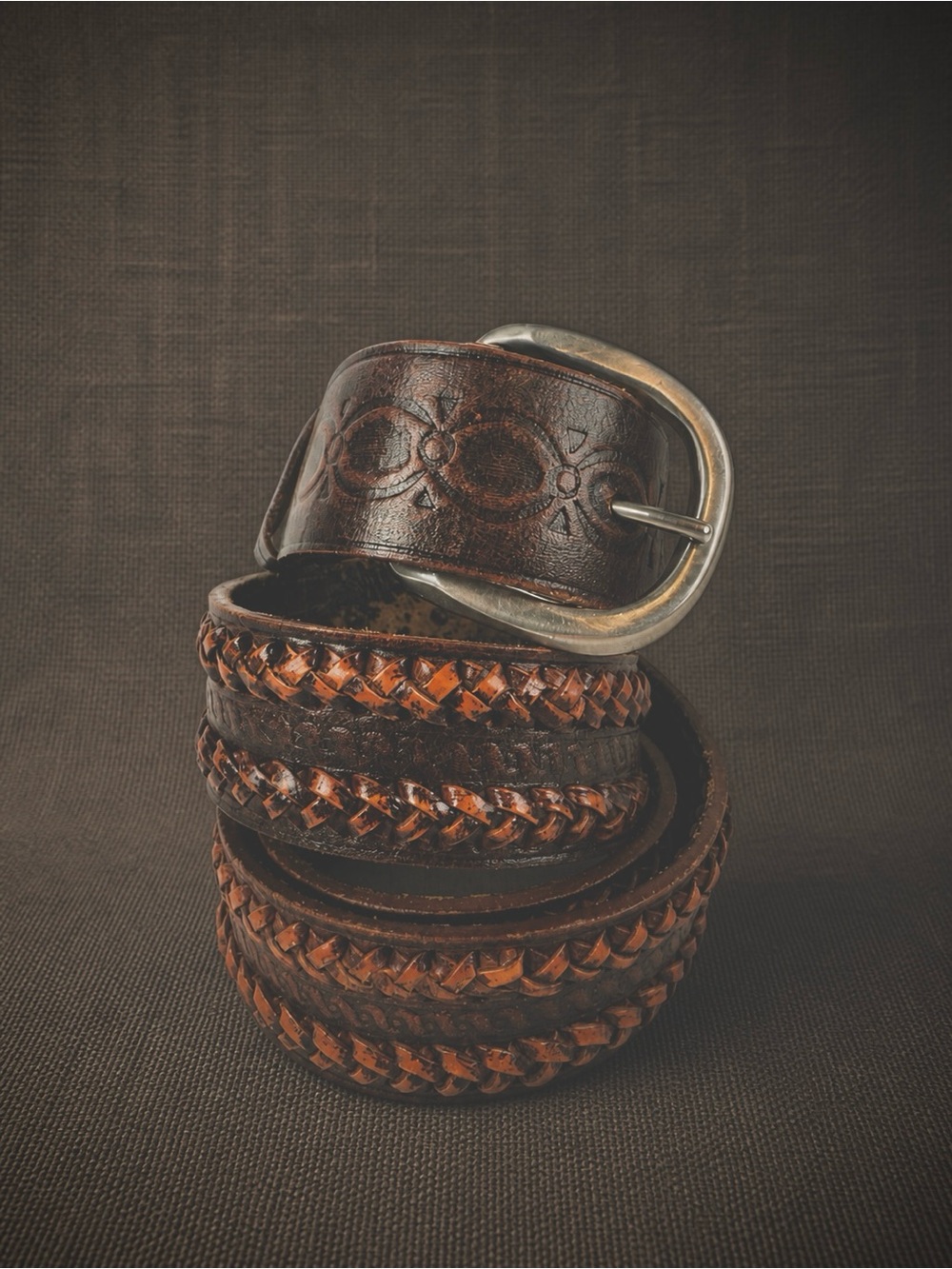Vintage Hand-Tooled Mexican Leather Belt | Braided Detail | Size 42